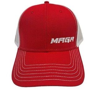 Maga Offset Embroidered On Red on White Mesh Curved Bill SnapBack